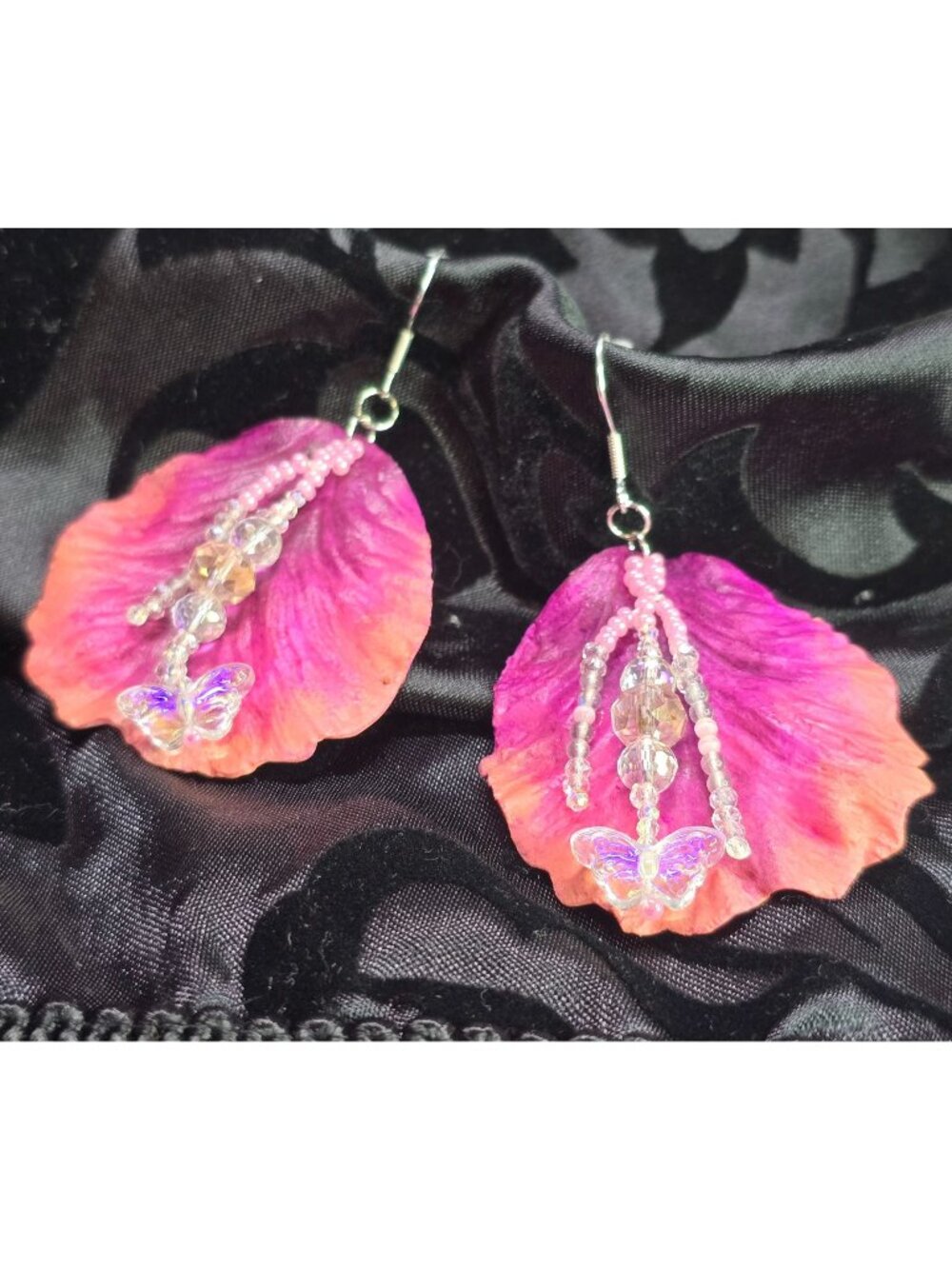 Crafted .925 Sterling Silver Pink Hibiscus Gemstone Ornamental Dangle Earrings